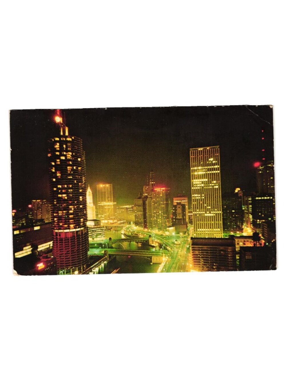 Chicago Illinois Nighttime Skyline Postcard 1968 Lights Penrod Studio Vintage